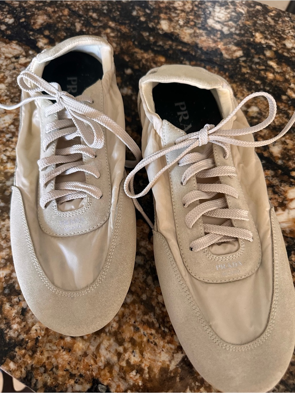 Prada Beige-Tone Suede & Re-Nylon Lace-Up  Collapse Sneakers